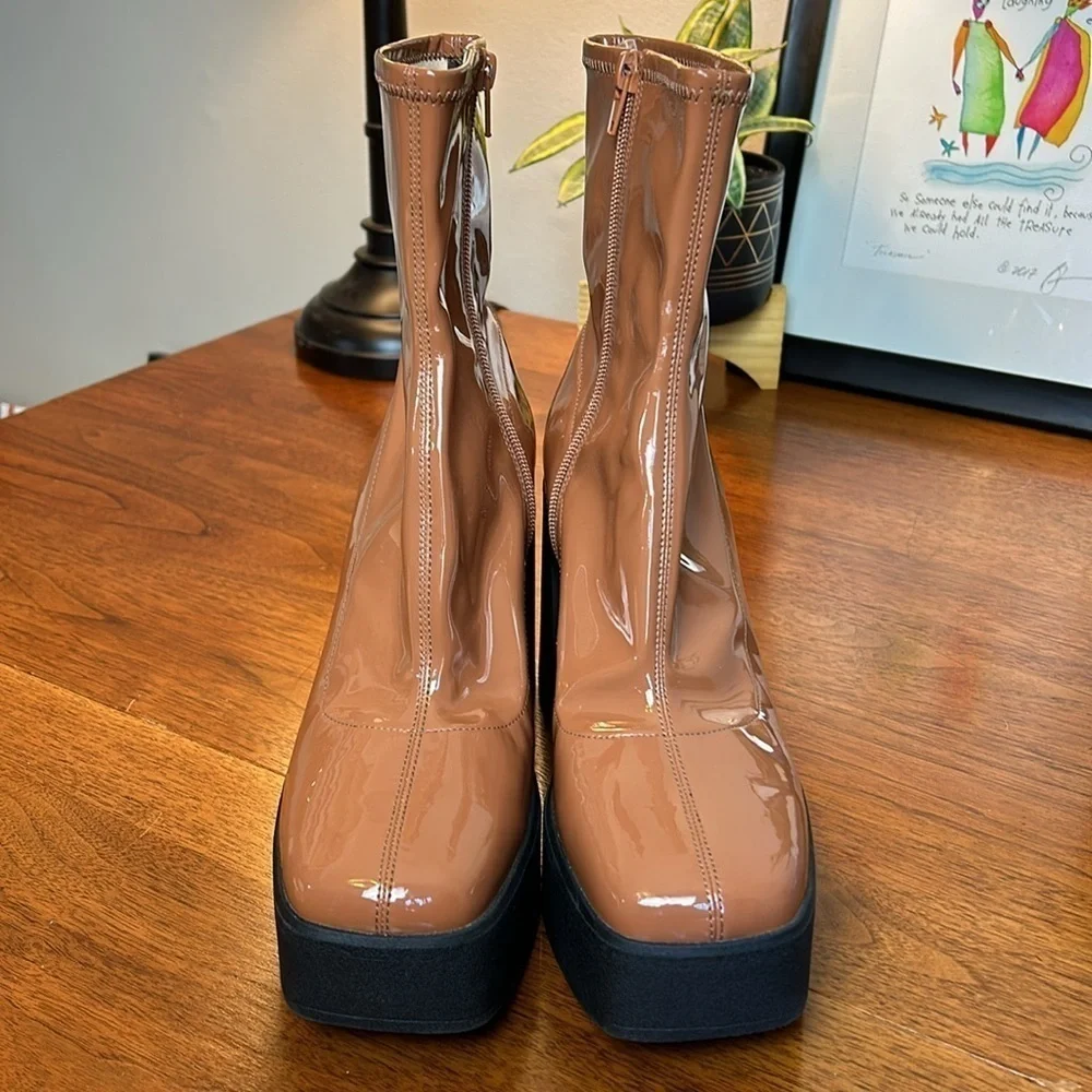 KATY PERRY Heightten Stretch Bootie Patent Platform Zip Chunky Butterscotch 9M - Picture 2 of 13